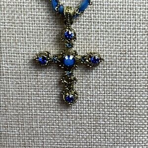 Blue Ribbon Chain and Blue Cross Pendant Necklace